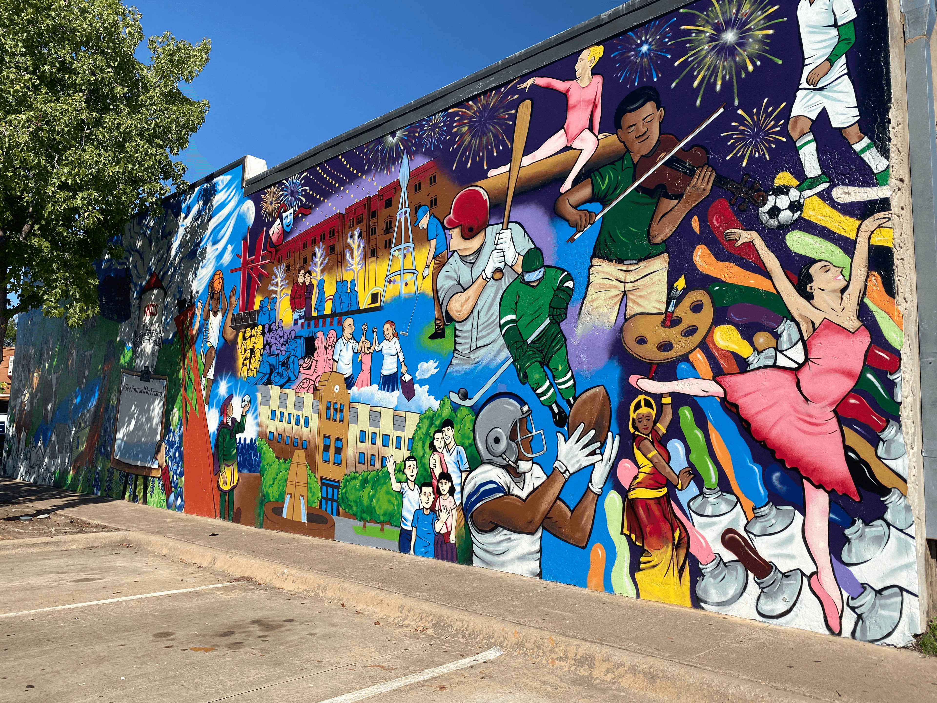 Mural of people playing sports and music