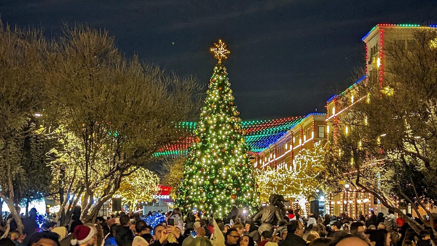 A large crowd gathers around a tall Christmas tree lit for Christmas.