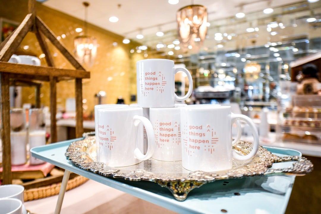 a display of mugs in a shop