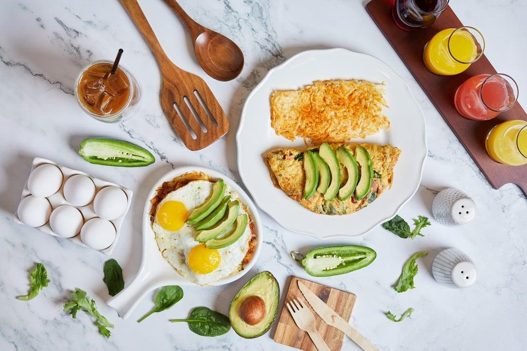 breakfast food tablescape with a flight of juices