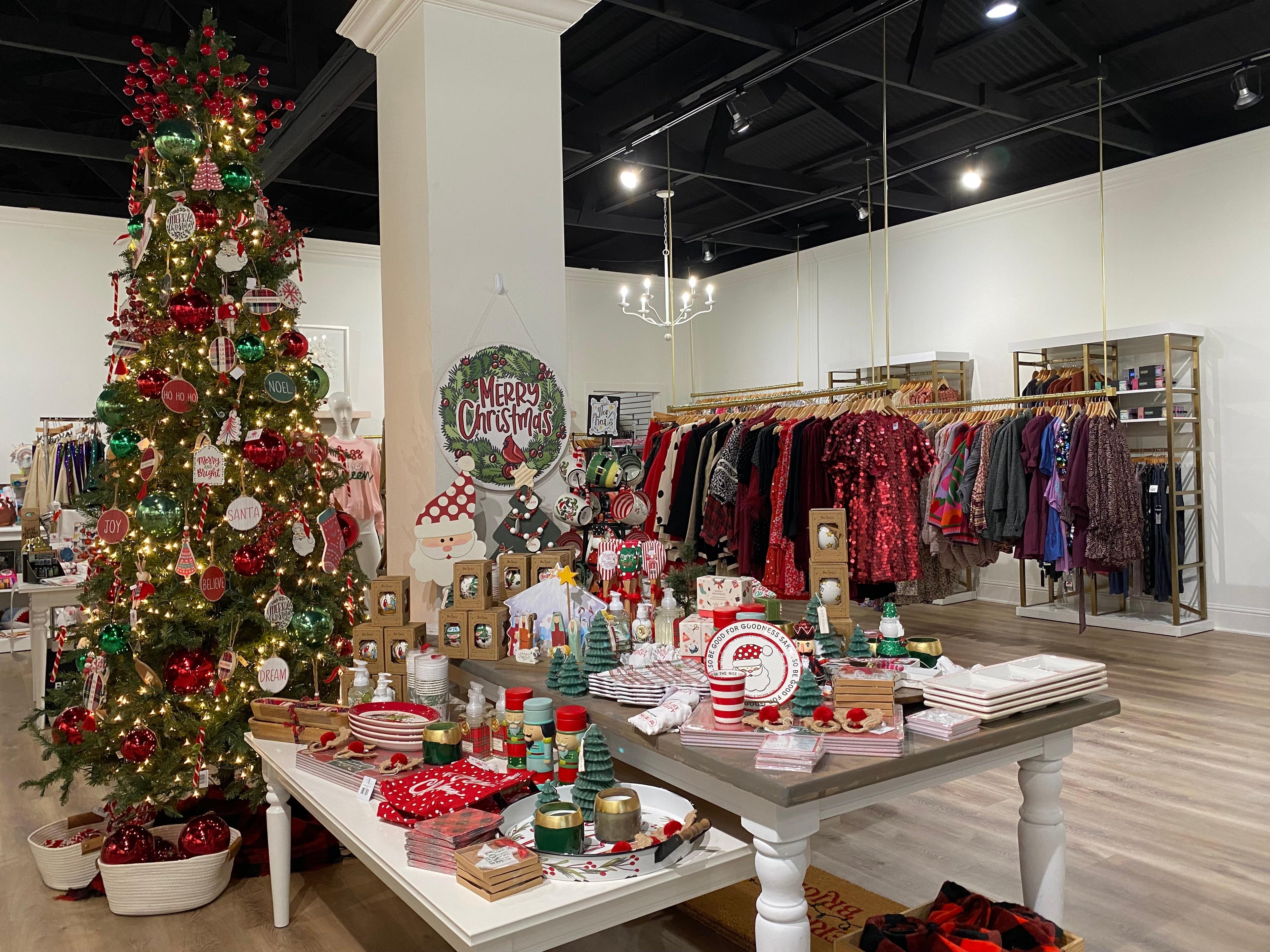 a shop display of christmas decorations