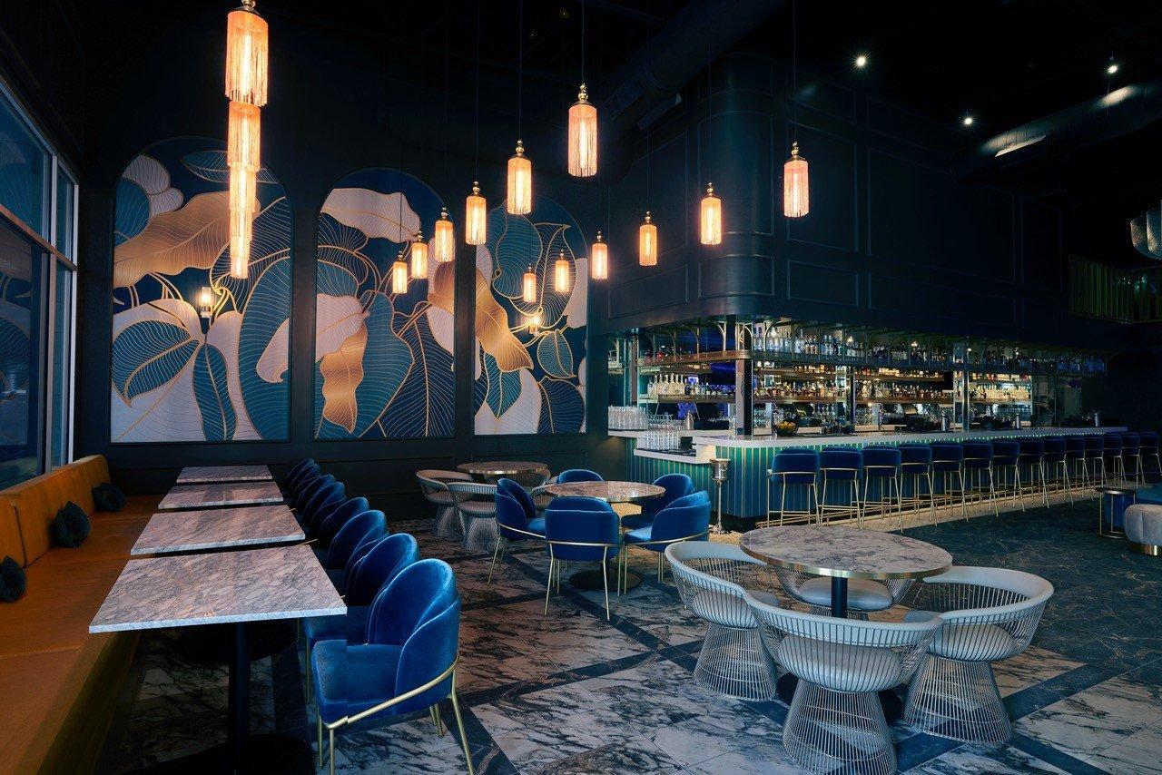 empty bar decorated with hints of dark blue