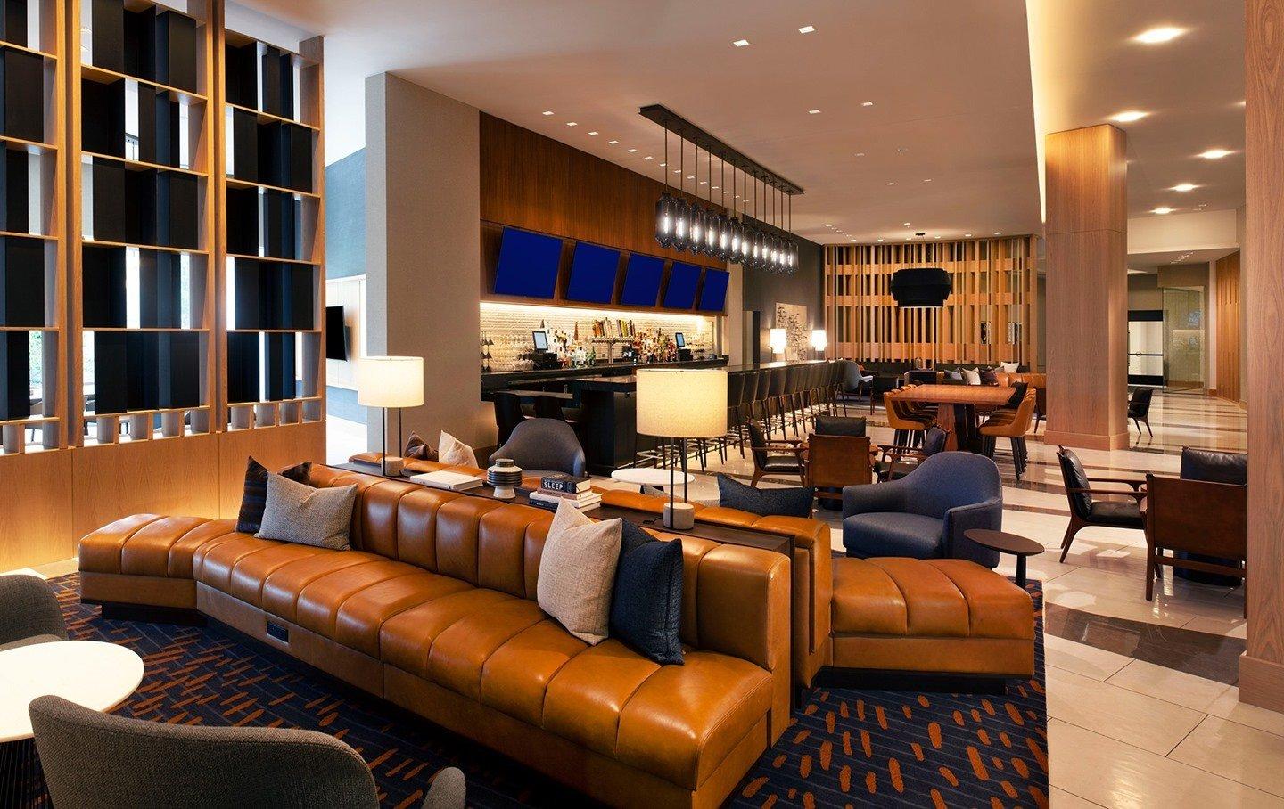 an empty bar and lounge area