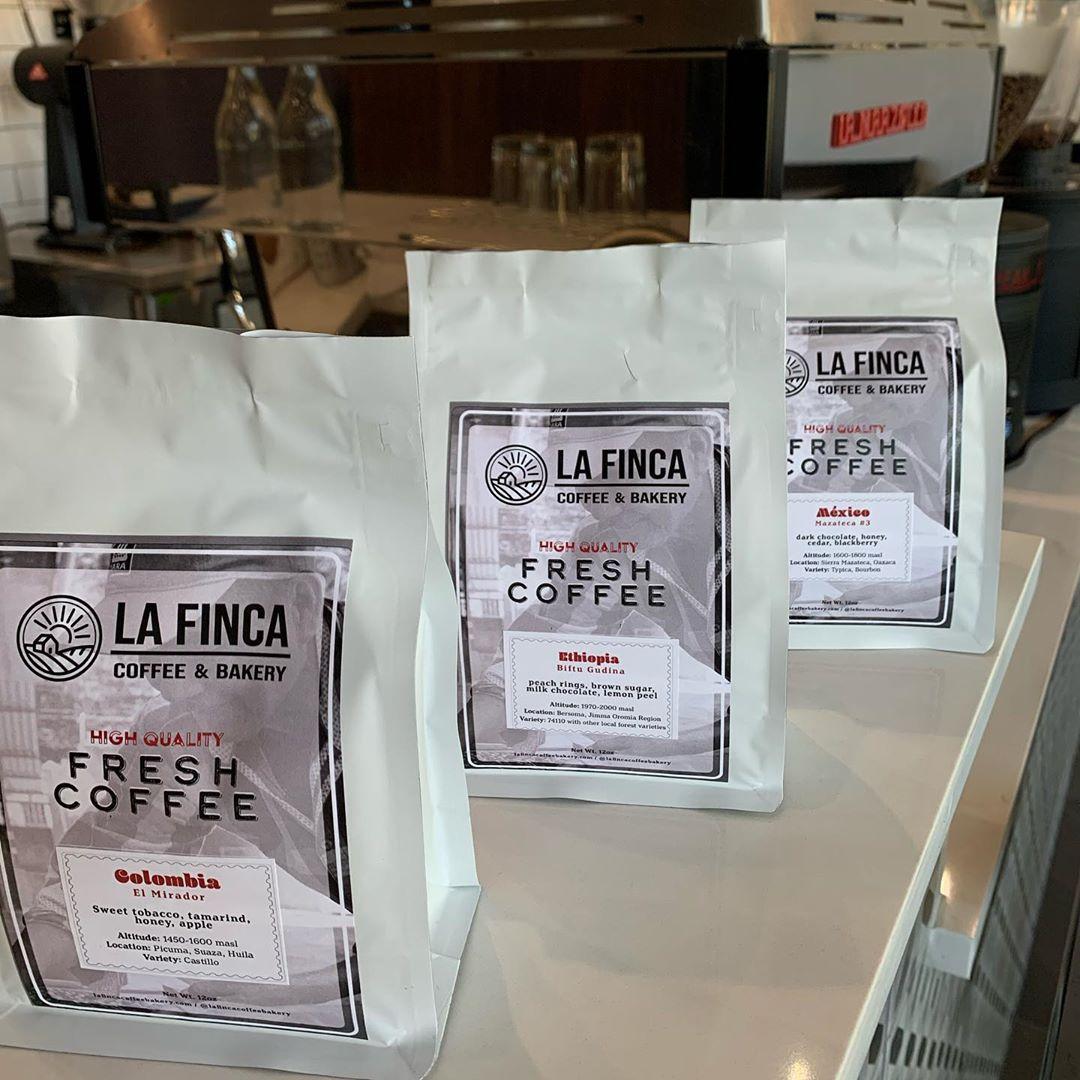La Finca coffee bean bags on display