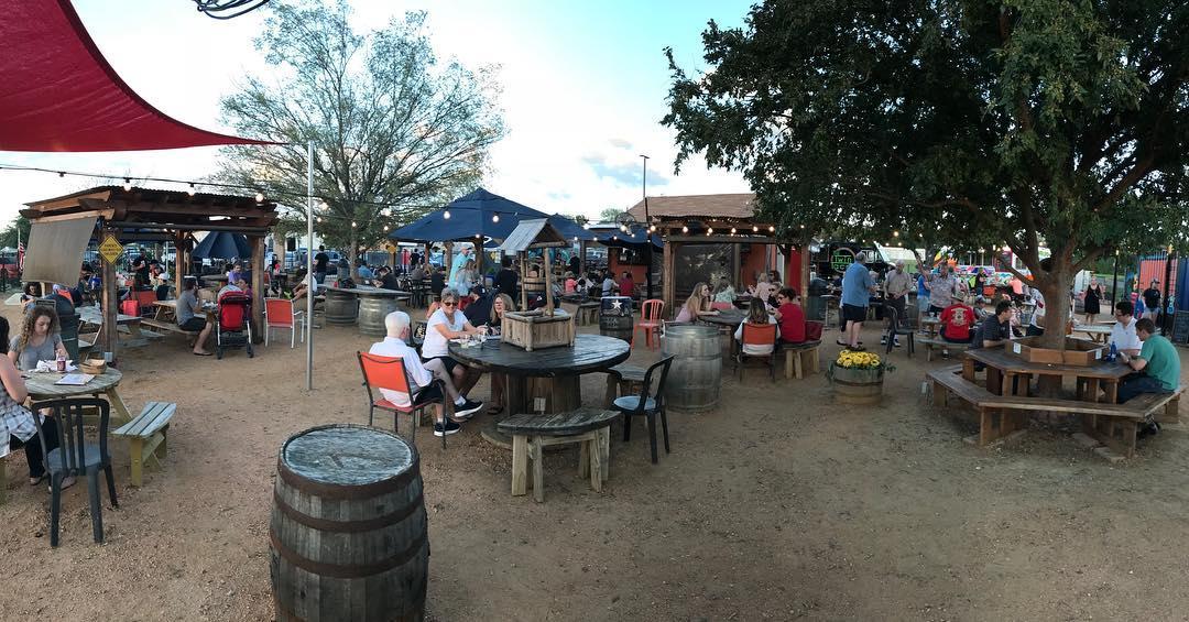 A wide shot of the Rail Yard patio